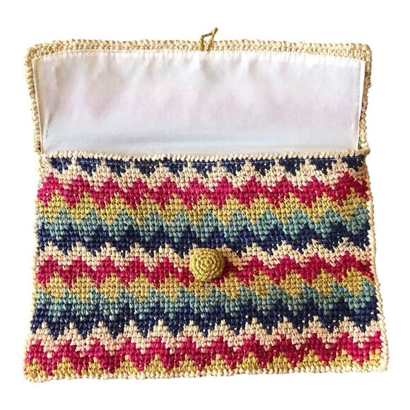 LoveStitch NIP Canary Islands Raffia Zig Zag Clutch Cream Pink Teal Navy Yellow - Picture 7 of 13